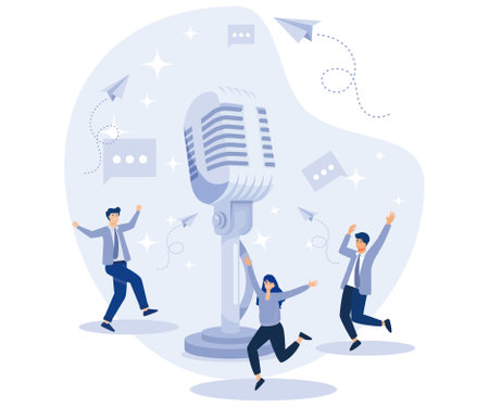 Voice messages concept. Tiny people use microphone to record message. Flat vector modern illustration.のイラスト素材