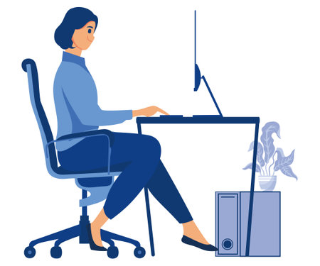 incorrect posture for sitting at computer desk, neck poses of woman at workplace, flat vector modern illustrationのイラスト素材