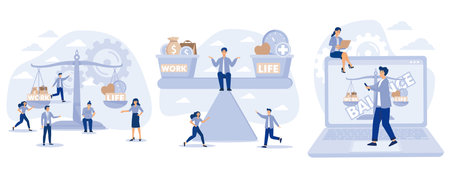 Work and life balance. Tiny people keep harmony choose between career and money versus love and time, leisure or business, set flat vector modern illustrationのイラスト素材