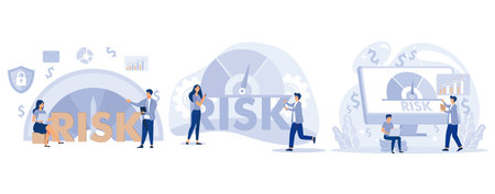 Risk management. Risk assessment. Risk levels knob. Business concept. Tiny people review, evaluate, analysis risk, set flat vector modern illustrationのイラスト素材