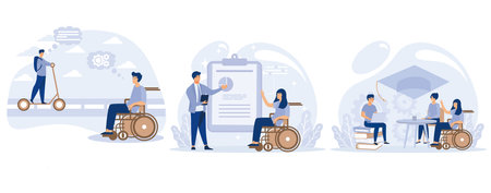 Social environment concept, Social adaptation of disabled people, employment and inclusive education, children with special needs, set flat vector modern illustrationのイラスト素材