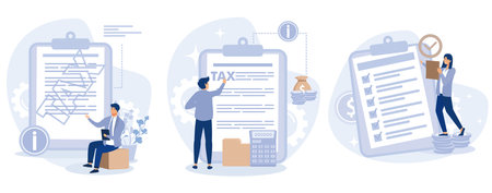 Tax filing concept, Provide and update your personal information, report your income, claim documents, tax credits and expenses, financial report, set flat vector modern illustrationのイラスト素材