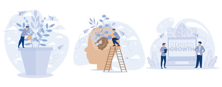 Personal growth concept. Metaphor growth personality as plant. Tiny people that self-improvement, self development. set flat vector modern illustrationのイラスト素材