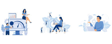 Benchmark testing Benchmarking software, product performance indicator, business graphic, rise career to success, man designer found brilliant ideas, set flat vector modern illustrationのイラスト素材
