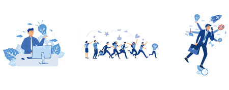 man designer found brilliant ideas, running away idea, unattainable thought, search for new solutions, Multitasking work, set flat vector modern illustrationのイラスト素材