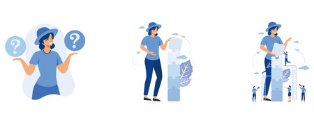 Puzzled business woman doubting, deciding, setting priorities. business teamwork together people connect puzzle elements, set flat vector modern illustrationのイラスト素材