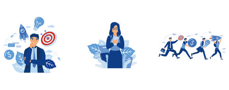 leader success working multitasking, Happy girl student with book, education, science research, entrepreneurship teamwork on start up project, set flat vector modern illustrationのイラスト素材