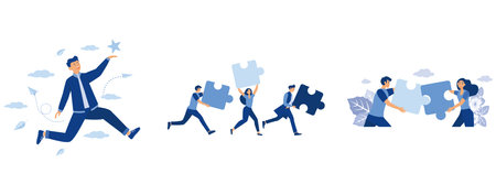 fly jump in career success, business teamwork together people connect puzzle elements. great element of team work search for ideas , flat vector modern illustrationのイラスト素材