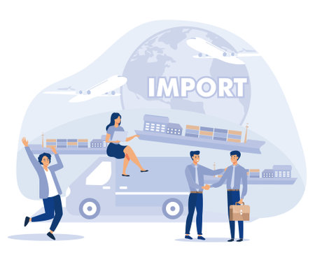 Import and export concept. Tiny people businessman sale goods and services worldwide. Flat vector modern illustration.のイラスト素材