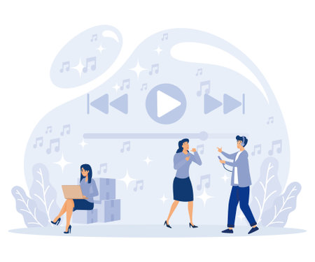 Media player app concept. Tiny people listen music, sound, audio or radio. Flat vector modern illustration.のイラスト素材