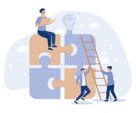 Teamwork concept. People connecting puzzle elements. Flat vector modern illustration.のイラスト素材
