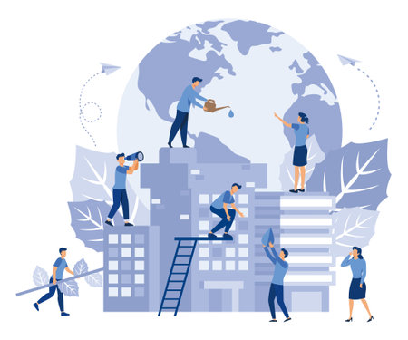 little people are preparing for the holiday, saving the planet, World Environment Day, vector,Bio technology, a city in the background of the planet, flat vector modern illustrationのイラスト素材