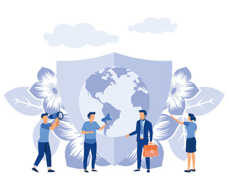 planet earth protected, people save the planet, the concept of the Earth day, flat vector modern illustrationのイラスト素材