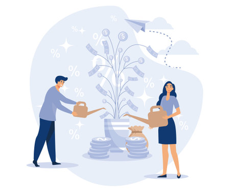Deposit concept. Longterm money saving finance. Tiny people put money in bank safe with dollars. Bank account, banking, bank security, safety, money tree, flat vector modern illustrationのイラスト素材