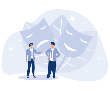 Masking true feelings concept. Human masquerade. people trying on carnival masks with happy or sad expressions, flat vector modern illustrationのイラスト素材