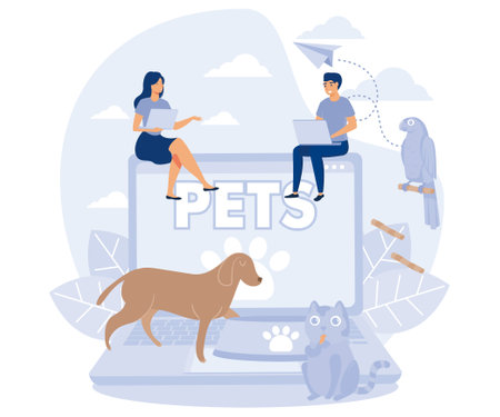 Pets care. Pet shop. Tiny people and Pets Concept. flat vector modern illustrationのイラスト素材