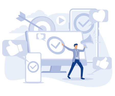 Online digital campaign concept, Advertising, cost per acquisition, multi device targeting, target audience, media planning, PPC strategy, flat vector modern illustrationのイラスト素材
