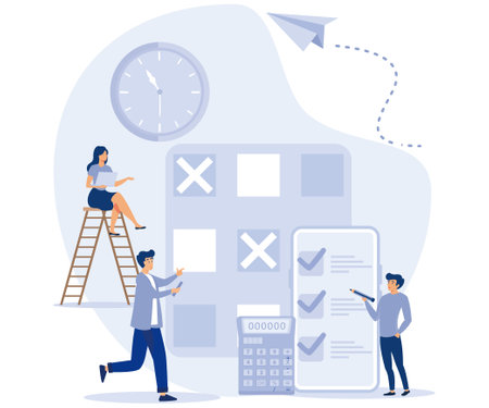 Effective time management and organization process of business team, people organize work tasks with schedule, flat vector modern illustrationのイラスト素材