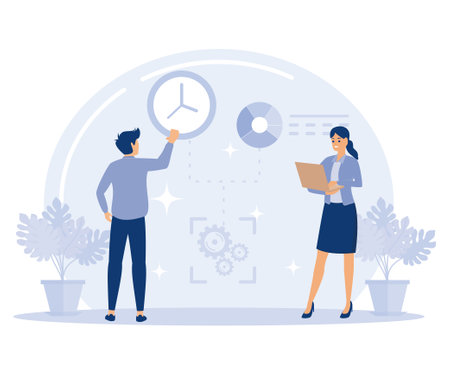 IT project delivery concept, Agile project management, planning and deadline, software development, scrum workflow, problem solving, flat vector modern illustrationのイラスト素材