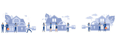 Buying a house, house keys, protection and security, real estate and turnkey rental, set flat vector modern illustrationのイラスト素材