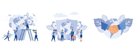 the concept of the Earth day, save the planet, save energy, planet earth protected, people save the planet, the conclusion of the contract, set flat vector modern illustrationのイラスト素材