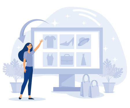 Marketing and sales concept, Upselling and clienting, webrooming and digital goods research, customer motivation, e-commerce, flat vector modern illustrationのイラスト素材