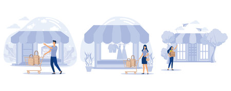 Retail shop concept, Big box discounter, anchor and isolated store, shopping center, attract customers, outlet mall, supermarket merchandising. set flat vector modern illustrationのイラスト素材