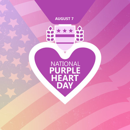 National Purple Heart Day. August 7. Holiday concept, for background, banner, card, poster with text inscription, modern background vector illustrationのイラスト素材
