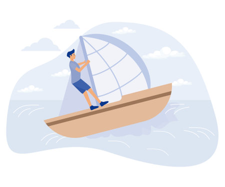 Water sport concept, Water skiing, surfing and sailing, active lifestyle, summer adventure, swim wetsuit, yacht club, flat vector modern illustrationのイラスト素材