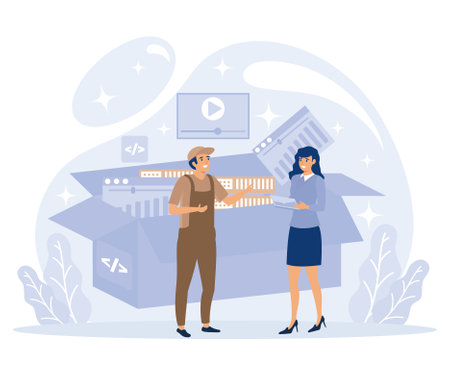 Application service concept, SaaS technology, packaged software, decentralized application, cloud computing, software licensing, flat vector modern illustrationのイラスト素材