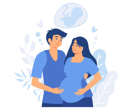 Woman with problems of reproductive system dreams of child, Couple suffering from infertility dreams of having baby, flat vector modern illustrationのイラスト素材