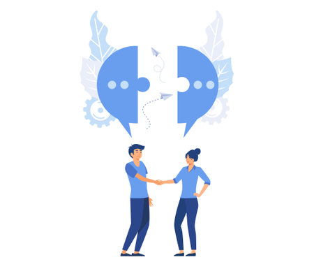businessmen discuss social networks, news, social networks, chat, dialogs, speech bubbles, thoughts puzzle vector, flat vector modern illustrationのイラスト素材