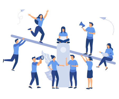 groups of people on a swing and outweighs them, the concept of overweight, cost, power and comparison, flat vector modern illustrationのイラスト素材
