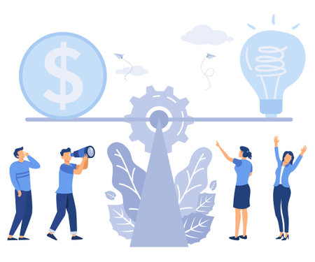 groups of people who invest in the idea on a swing, balance idea and balance profit. flat vector modern illustrationのイラスト素材