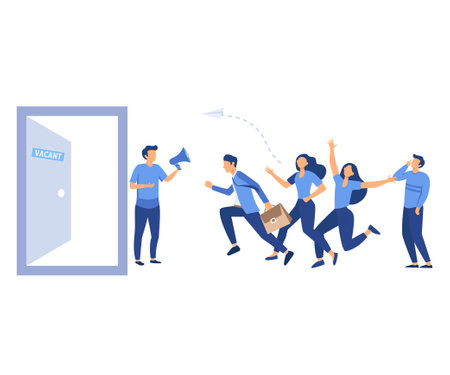 recruitment agency, job seekers, job applicants, vacancy announcement, crowd of running people, flat vector modern illustrationのイラスト素材