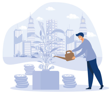 Business Development, Growing Startup, Entrepreneur Watering Money Tree. Investment, Profit Growth, flat vector modern illustrationのイラスト素材