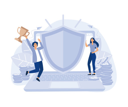 Unconquerable Bank Program, Insuring Safety Clients Money, Protecting Purse, Golden Coins and Electronic Operations, flat vector modern illustrationのイラスト素材