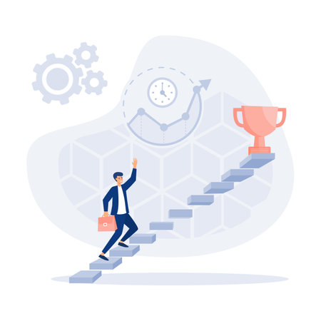 Businessman climbing ladder to golden trophy. flat vector modern illustrationのイラスト素材