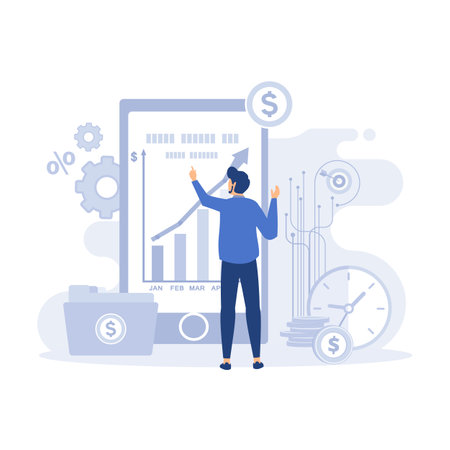 Characters investing money in stock market. latest stock market news and other data. People analyzing financial graphs, flat vector modern illustrationのイラスト素材