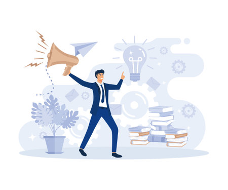 Bright Flyer Creative Thinking for Finding Ideas, Effective Event for Developed People, Man Stands among Books with Loudspeaker, next to Light Bulb, flat vector modern illustrationのイラスト素材