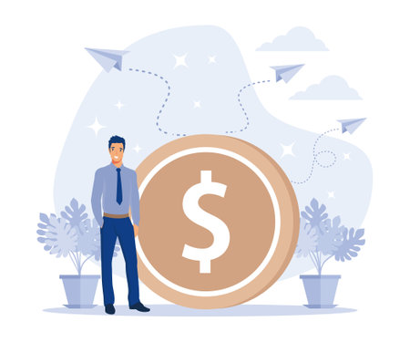 Earning, saving and investing money. Businessman is standing near a big dollar coin, flat vector modern illustrationのイラスト素材