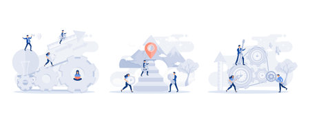 Team of businesspeople working with industrial gears or cogs in a concept of business, thinking about creative idea, workers couple rotating cogwheels teamwork process, set flat modern vector illustrationのイラスト素材