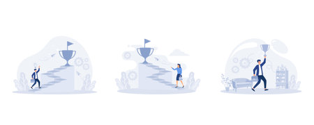 Businessman holding trophy cup standing on the stair, Businesswoman climbing ladder to golden trophy, Success and professional achievement, set flat vector modern illustrationのイラスト素材