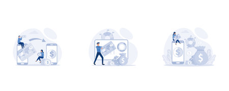 Transfers money, Virtual finance concept with outline people scene, non-cash payment transactions, set flat vector modern illustrationのイラスト素材