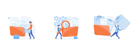 storage and indexing of information concept, Workers searching file, adds file to big folder, set flat vector modern illustrationのイラスト素材