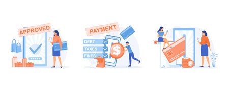 Online mobile payment and banking service, payment approved, paying taxes and debts on the cellphone apps, Mobile payment, online banking. set flat vector modern illustrationのイラスト素材