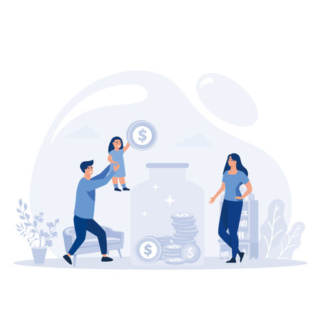 save money concept. Father and mother teach children to save money, flat vector modern illustrationのイラスト素材