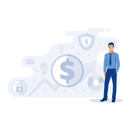 Financial investments, marketing, analysis, security of deposits, guarantee of security financial savings and money turnover, flat vector modern illustrationのイラスト素材