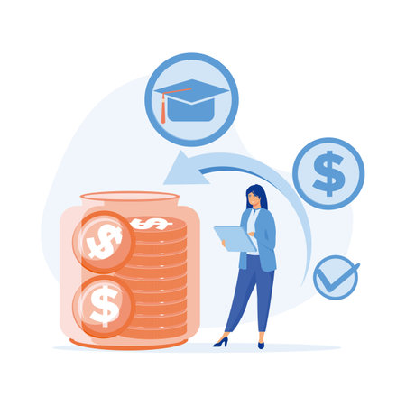 Financial education, Student characters investing money in education and knowledge. Personal finance management, flat vector modern illustrationのイラスト素材