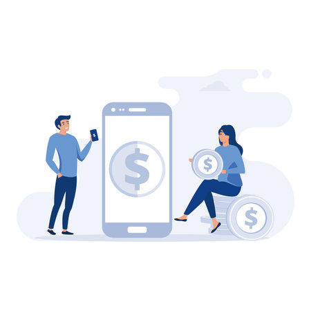 Girl in smartphone transferred, sent money, coins, cash to electronic account on Internet to man. Successful transaction, flat vector modern illustrationのイラスト素材